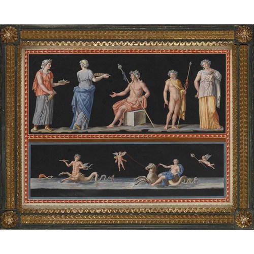 A pair of watercolours showing scenes from classical mythology on two registers